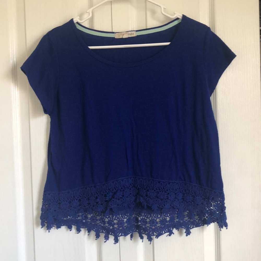 Blue Crop Top with Lace Hem